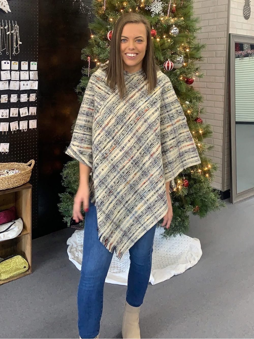Plaid Tasseled Poncho Cape Cream Black Orange - OS